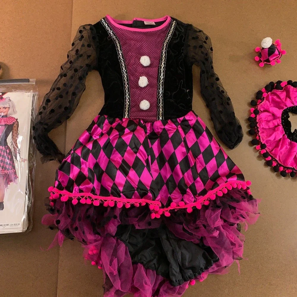 Spirit Halloween Child Medium (8-10) Pink Black Neon Clown Costume NWT *Flaw